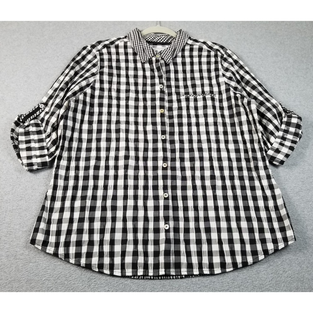 Foxcroft Button Up Shirt Women's 16 Black White Check Seersucker 3/4 Sleeve Top - Picture 1 of 8